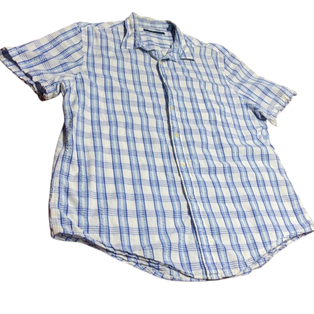 Perry Ellis Men's XXL Blue & White Plaid Button Down Casual Short Sleeve Shirt